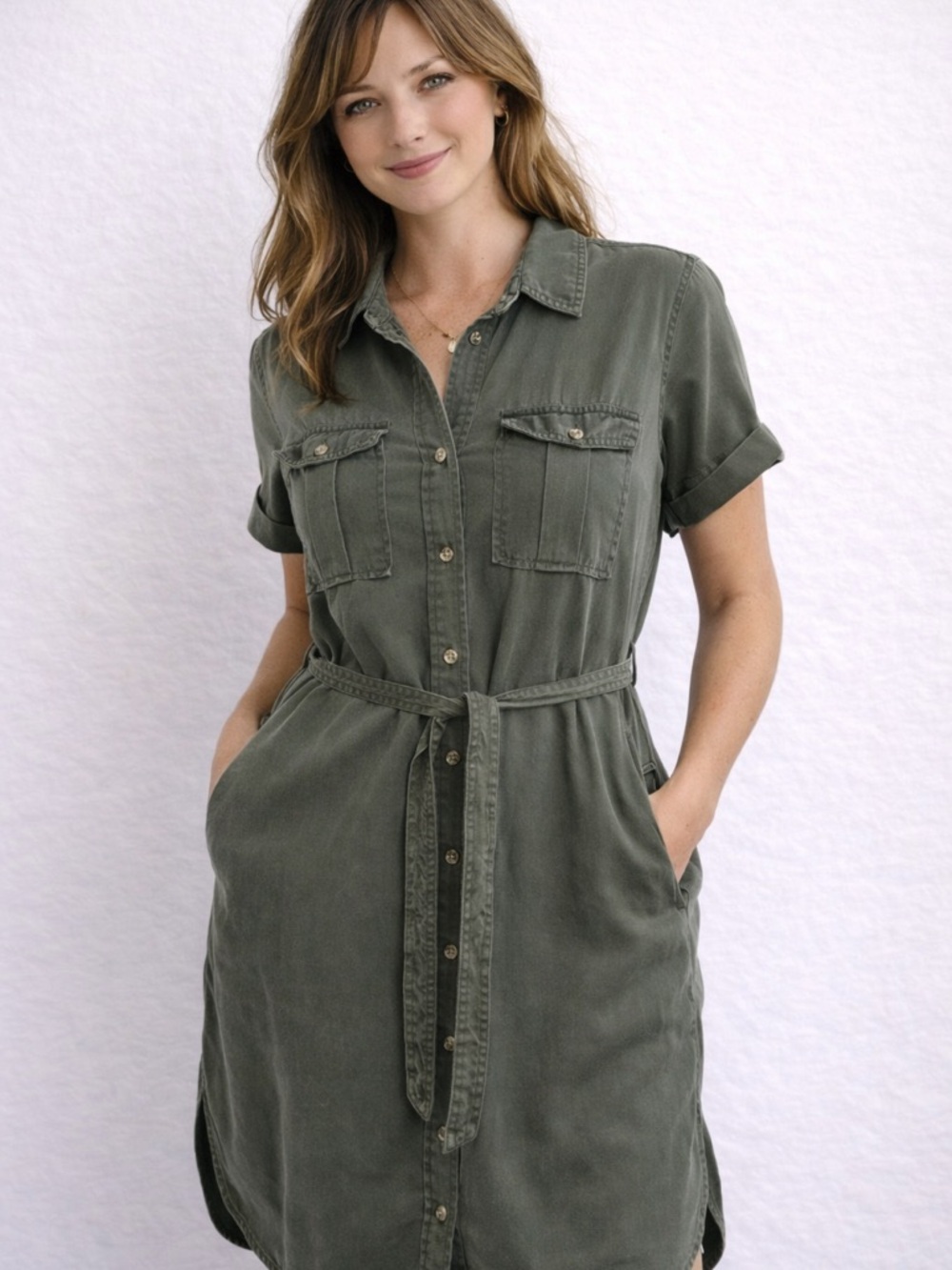 Lucky Brand Olive Green Shirt Dress Womens M Belted Utility Tencel